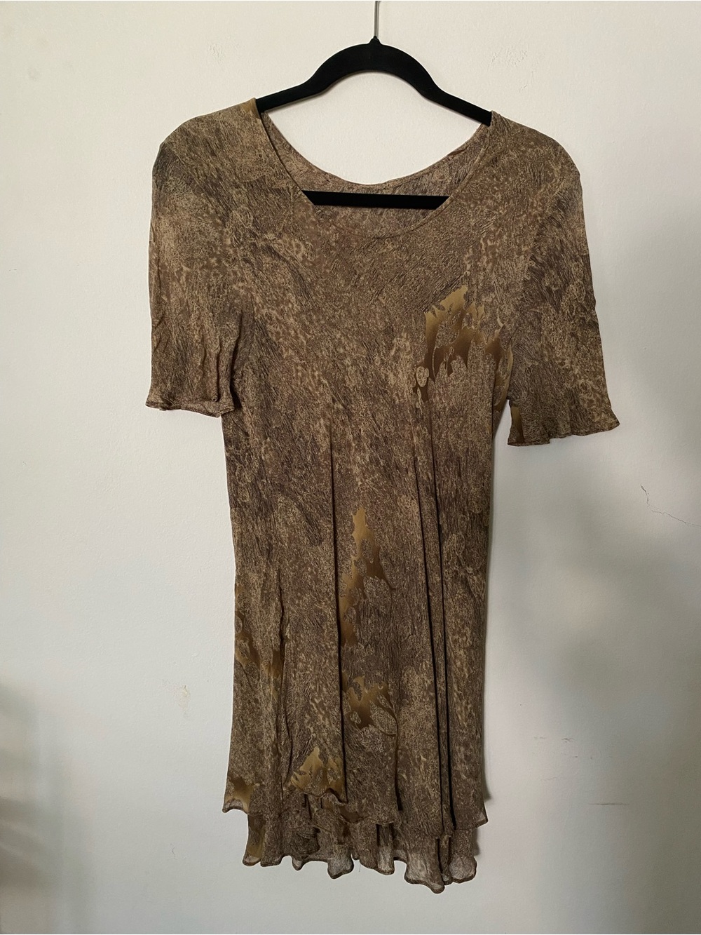 100%silk Brown Short Sleeve Textured Women's Top